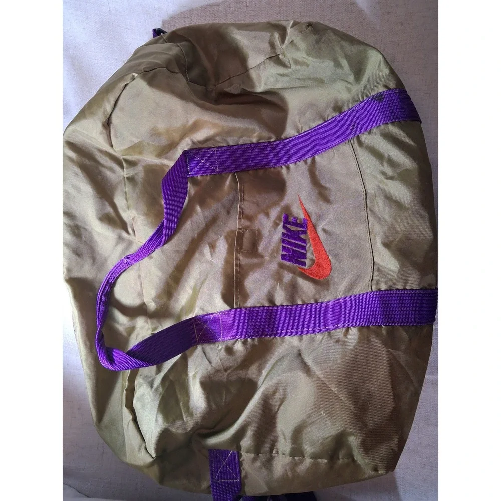 Vintage Nike Duffel Bag Olive Green Purple Red Swoosh Gym Travel Bag Made Korea